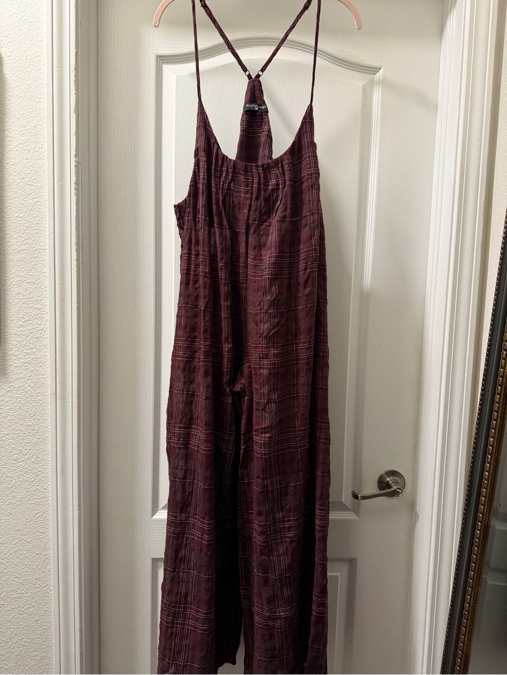 Floreat Burgundy Plaid Wide-Leg Jumpsuit